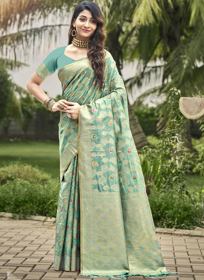 Organza Sky Blue Traditional Wear Printed Saree